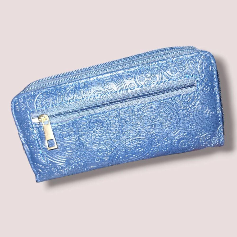 NWT Women's Stone Mountain USA Double Zipper Wallet Embossed Paisley In Navy